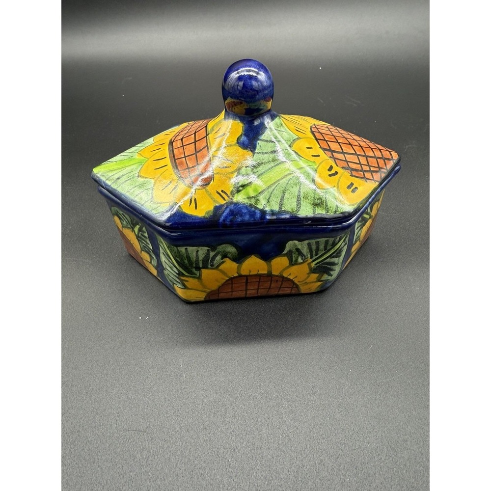 Artisan Porcelain‎ Ceramic Sunflower Trinket Jewelry Candy Dish Box Six Sided